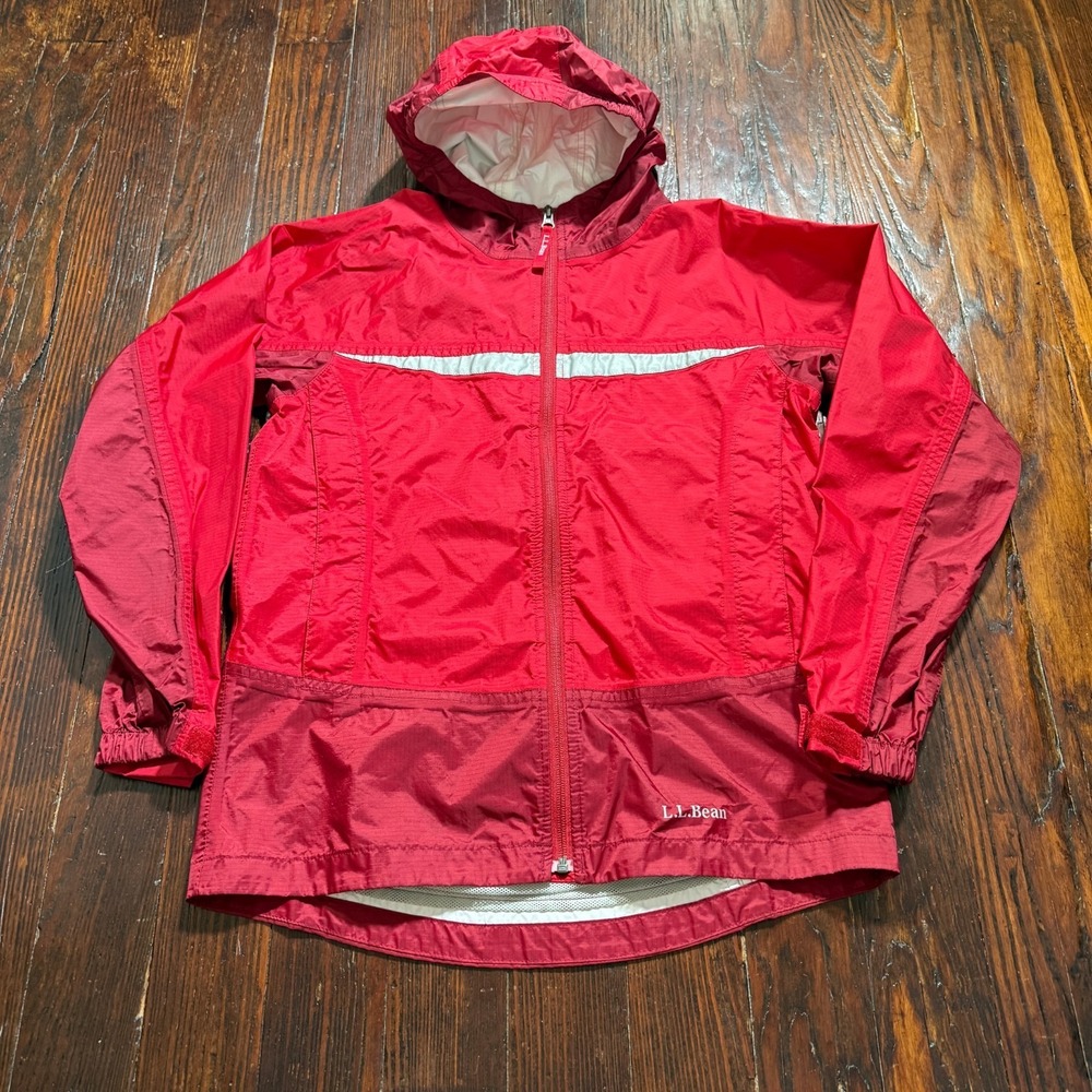 LL Bean Rain Jacket Youth Large Red Kids Hooded Waterproof Reflective **READ**